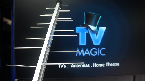 A close up of an antenna with TV Magic logo