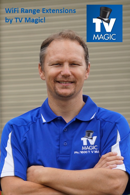 picture of technician - with caption "WiFi Range Extensions" in top left corner, TV Magic logo in top right corner