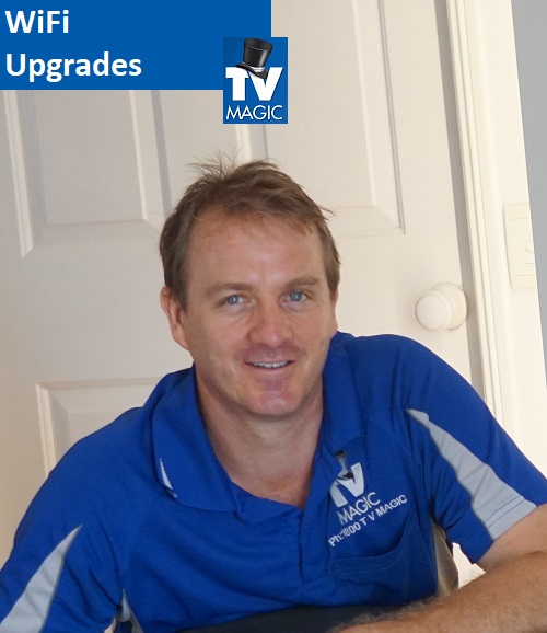 Technician Brent - with caption "WiFi Upgrades" in top left corner