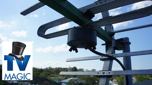 close up of an antenna with a TV Magic logo in bottom left corner