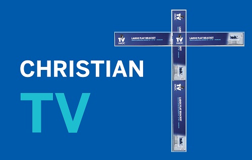 Cross made from TV Magic wall brackets. Caption "Christian TV"