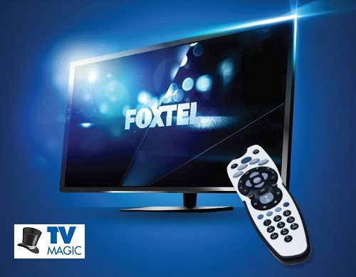animated TV with Foxtel written on screen, with a Foxtel remote