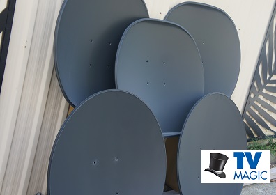 Lots of satellite dishes with logo in bottom right corner