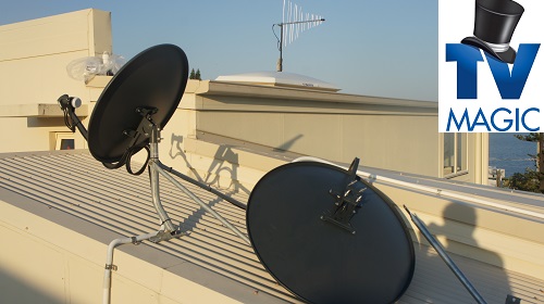 two satellite dish installations on a roof with a TV Magic logo in top right corner