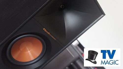 a close up of a free-standing speaker with a TV Magic logo in bottom right corner