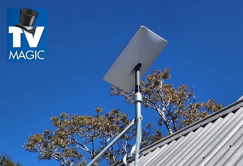 Starlink internet installation on the roof of a house with a TV Magic logo in top left corner