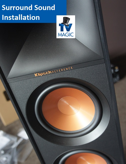 a free standing speaker with the caption "surround sound installation" and a TV Magic logo