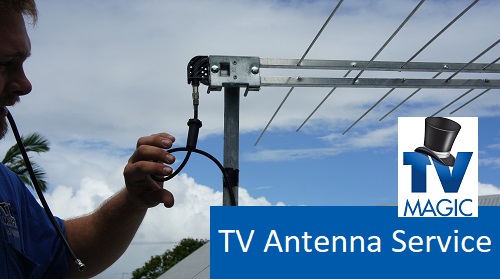 a technician installing an antenna, with a caption "TV antenna services" and a TV Magic logo
