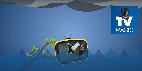 An animated TV in water. TV Magic logo in top right corner