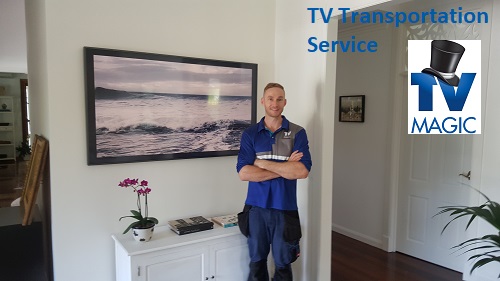 a technician in front of a wall mounted TV. TV Magic logo in top right corner