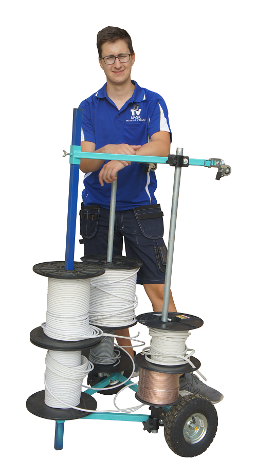 Technician with his trusty roll of various high quality cables for pre-wires
